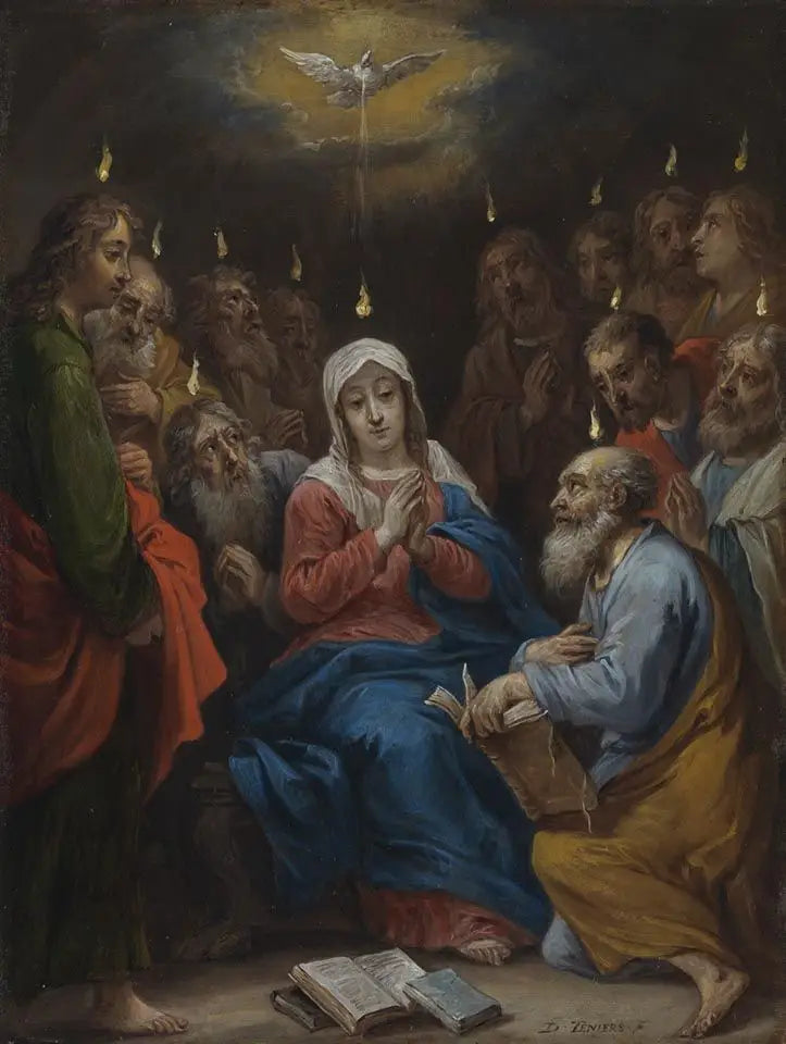 Rukousnauhan viisitoista salaisuutta: Helluntai, Pyhä Henki laskeutuu Marian ja apostolien päälle - David Teniers nuorempi