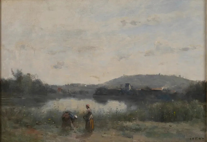 Joen rannat, joita hallitsevat kauempana kukkulat - Jean-Baptiste Camille Corot