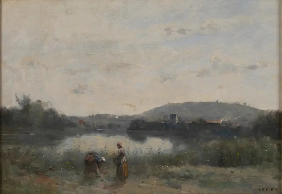 Joen rannat, joita hallitsevat kauempana kukkulat - Jean-Baptiste Camille Corot
