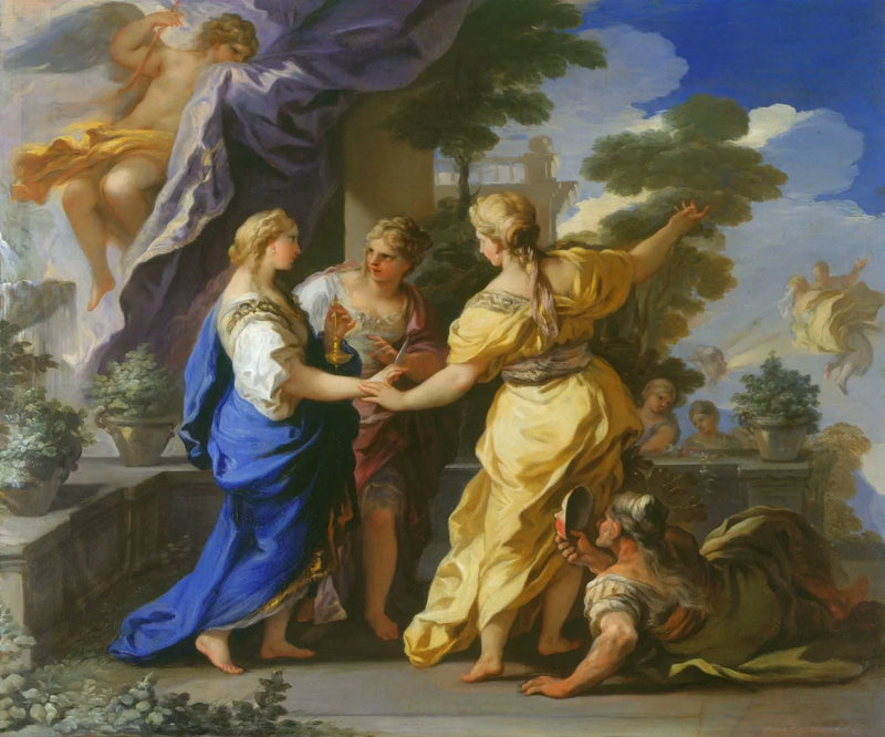 Psychen sisaret tarjoavat hänelle lampun ja tikarin. - Luca Giordano