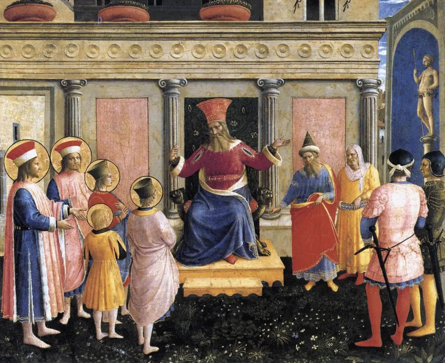 Pyhät Kome ja Damianos heidän veljiensä kanssa prokonsuli Lysian edessä - Fra Angelico