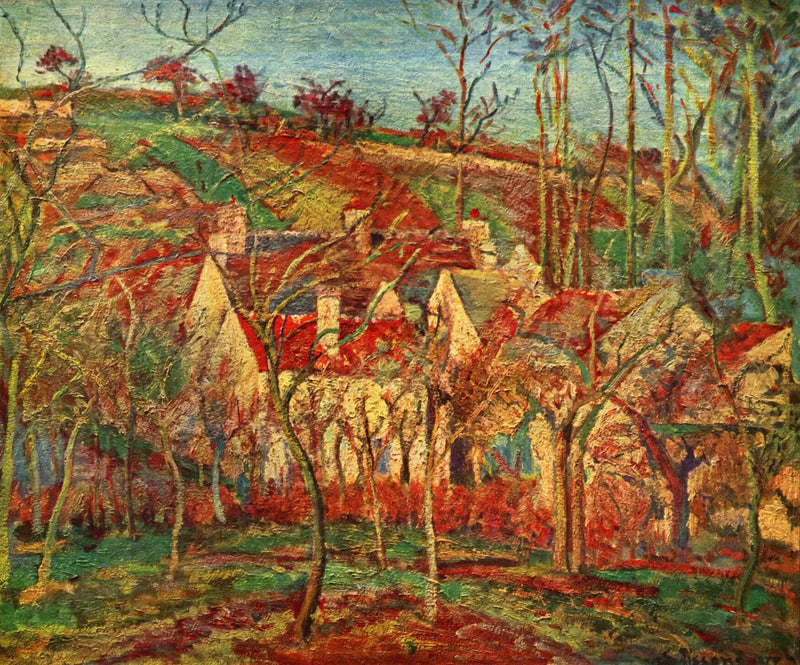 Punaiset katot, kylän kulma, talviefekti - Camille Pissarro