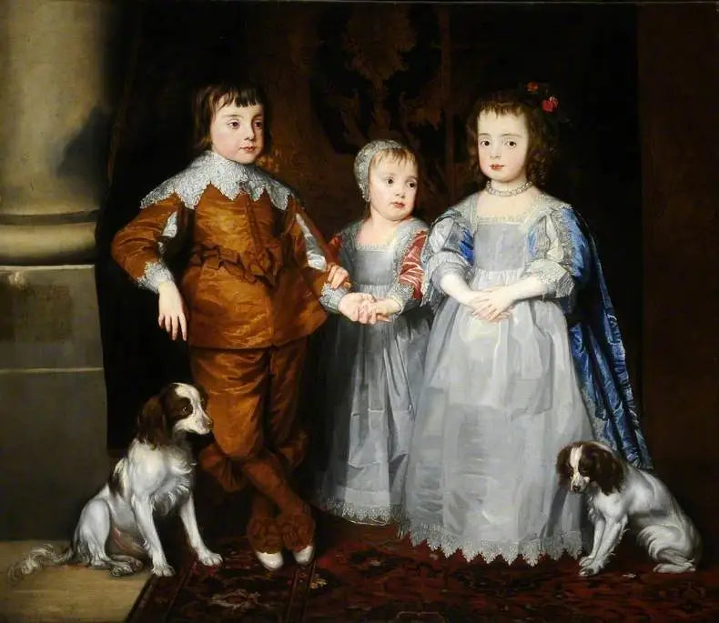 Kuningas Charles I:n (Kuningas Charles, Jacques ja Marie) kolme nuorempaa lasta heidän koiriensa kanssa - Antoine van Dyck