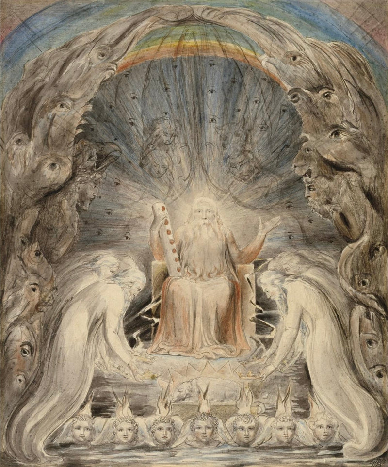 Kaksikymmentäneljä vanhusta asettamassa kruununsa jumalallisen valtaistuimen eteen - William Blake