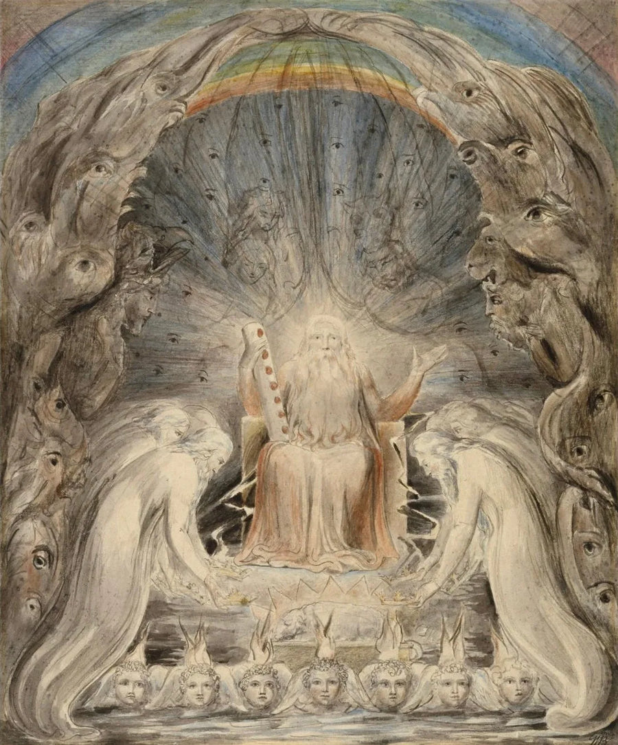 Kaksikymmentäneljä vanhusta asettamassa kruununsa jumalallisen valtaistuimen eteen - William Blake