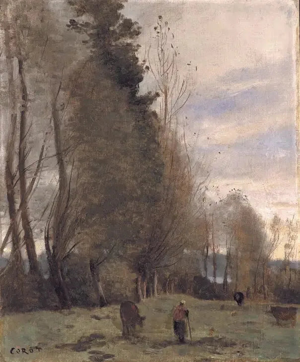 Rantamajan lepopaikka, maanviljelijä ja kolme lehmää - Jean-Baptiste Camille Corot