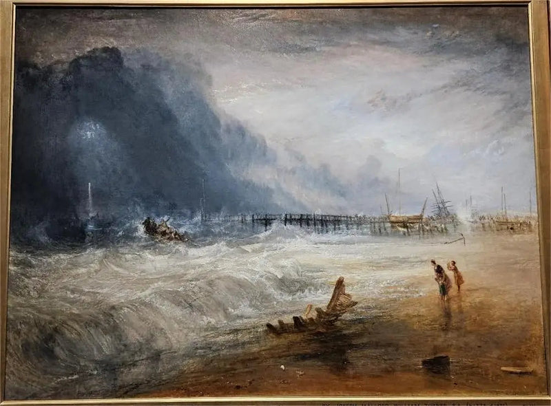 Pelastusvene ja Manby-laite lähdössä karille ajautuneelle alukselle, joka tekee hätäsignaalin (siniset valot) - J. M. W. Turner