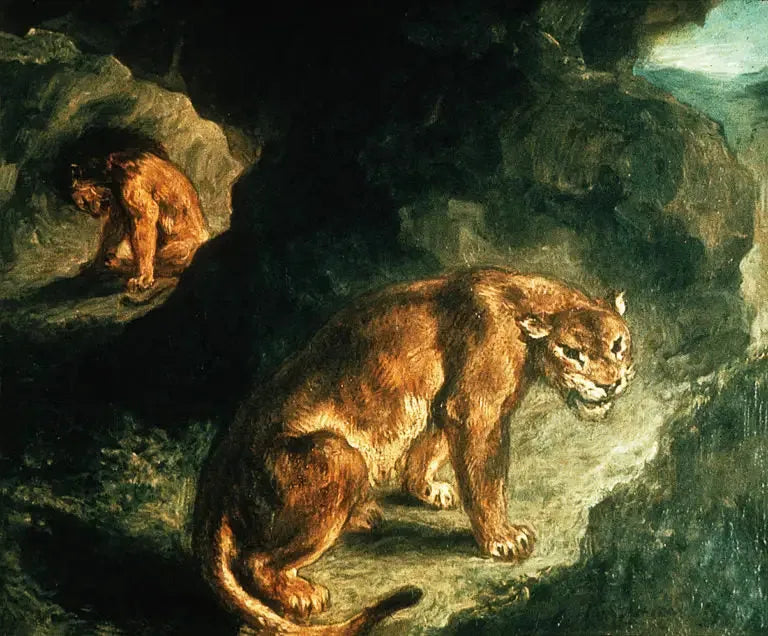 Leijona ja leijona niiden luolassa - Eugène Delacroix