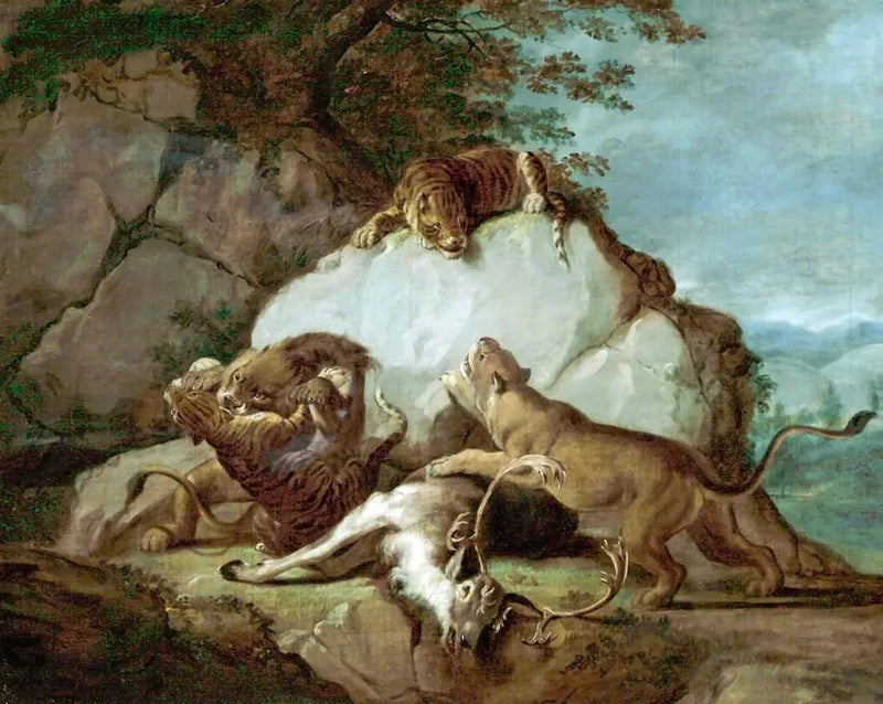 Leijonat ja tiikerit taistelevat peurasta - George Stubbs
