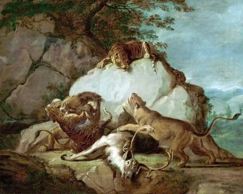 Leijonat ja tiikerit taistelevat peurasta - George Stubbs