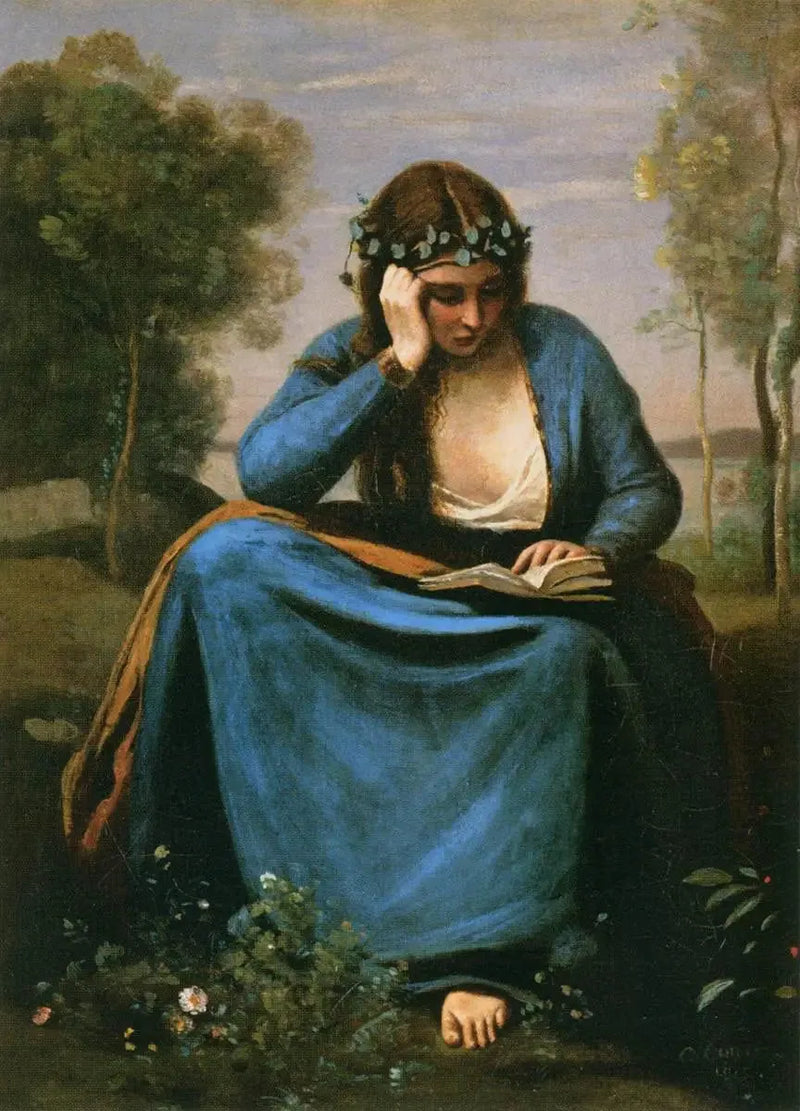 Kukkien kruunattu lukulaite tai Virgiliuksen muusa - Jean-Baptiste Camille Corot