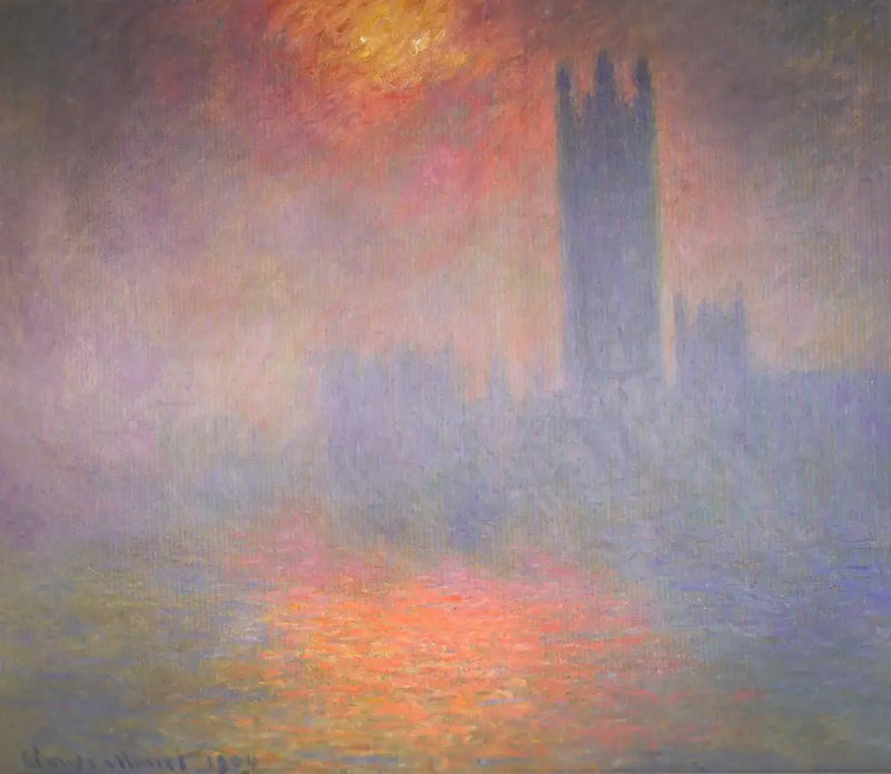 Lontoo, parlamentti. Auringonpaisteen aukko sumussa - Claude Monet