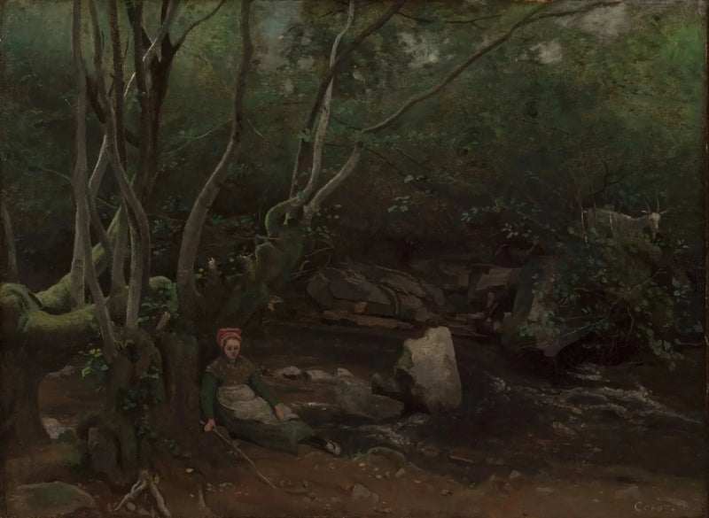 Lormes, Istuva vuohipaimen virran rannalla metsän keskellä - Jean-Baptiste Camille Corot
