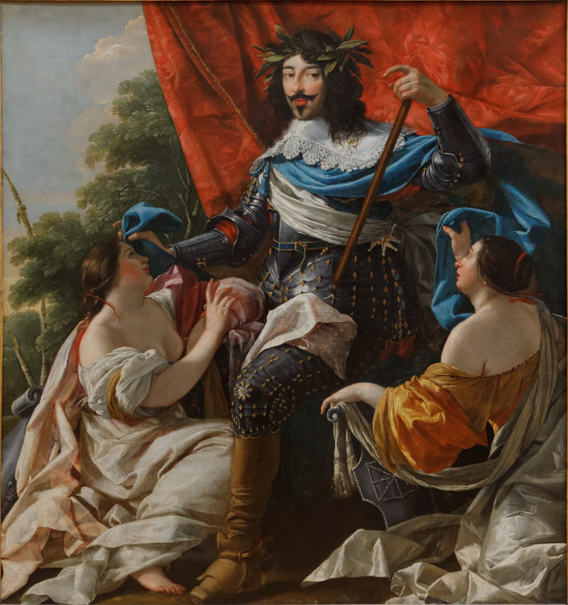 Louis XIII kahden naishahmon välillä, jotka symboloivat Ranskaa ja Navarran kuningas - Simon Vouet