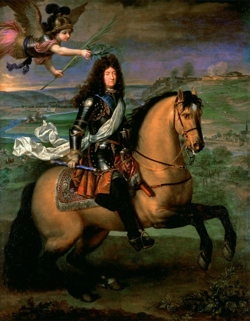 Ludvig XIV ratsande krönt av seger framför belägringen av Namur - Pierre Mignard