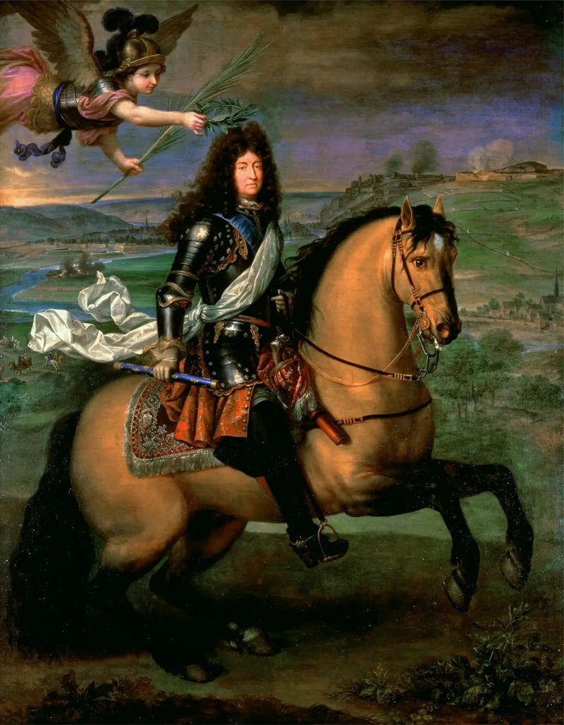 Ludvig XIV ratsande krönt av seger framför belägringen av Namur - Pierre Mignard