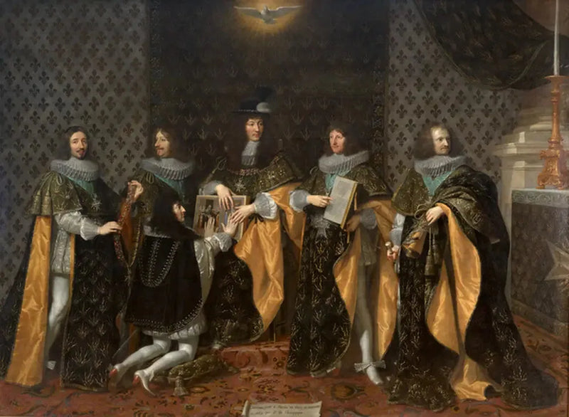 Ludvig XIV seuraavana päivänä kruunauksestaan, saa veljensä herra Monsieur, Anjou herttuan, lupauksen Saint-Esprit-ordern ritarina Reimsissä 8. kesäkuuta 1654 - Philippe de Champaigne