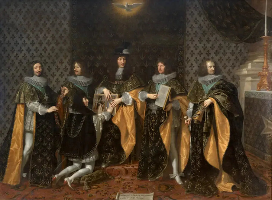 Ludvig XIV seuraavana päivänä kruunauksestaan, saa veljensä herra Monsieur, Anjou herttuan, lupauksen Saint-Esprit-ordern ritarina Reimsissä 8. kesäkuuta 1654 - Philippe de Champaigne