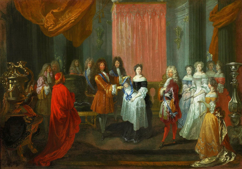 Louis XIV palauttaa sinivalkoisen nauhan herra herttua de Bourgognen. - Antoine Watteau
