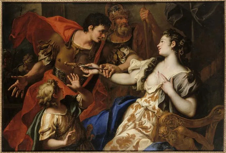 Lucrèce itsemurhassa isänsä Lucretiuksen ja miehensä Tarquinius Collatinuksen silmien edessä - Sebastiano Ricci