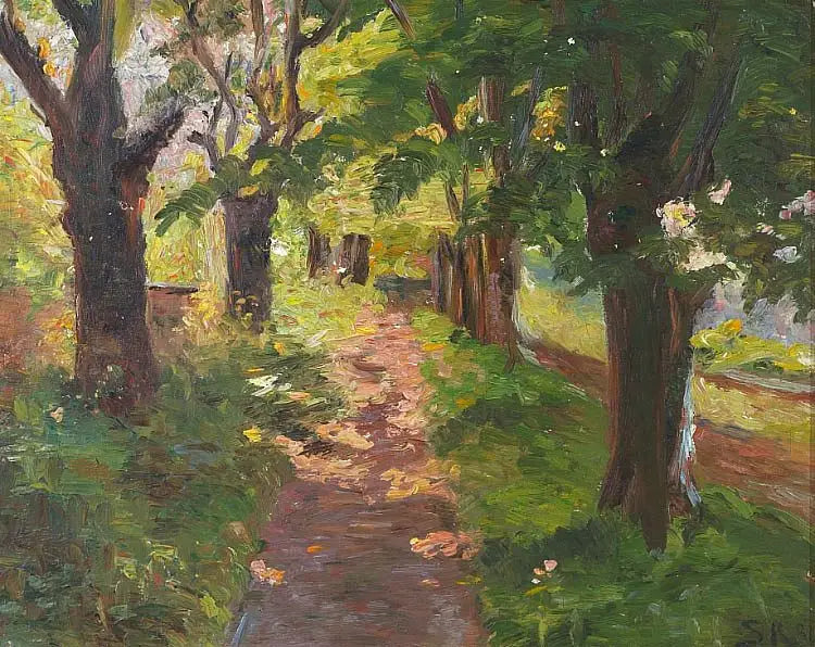 Auringonvalo läpi Skagen Plantagen puiden. - Peder Severin Krøyer