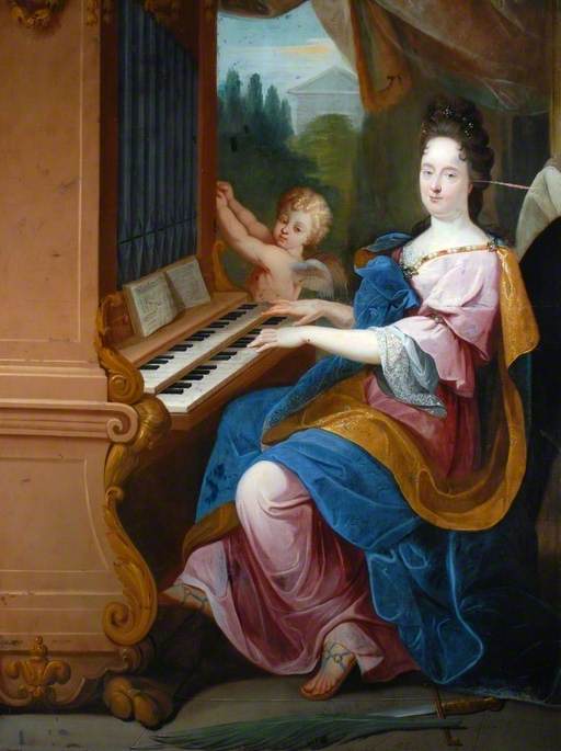 Madame de Maintenon roolissa Pyhän Ceciliaa ja poikaa (ehkä Duca de Maine) enkelin roolissa, joka puhaltaa urkuun - Jean-Baptiste Jouvenet