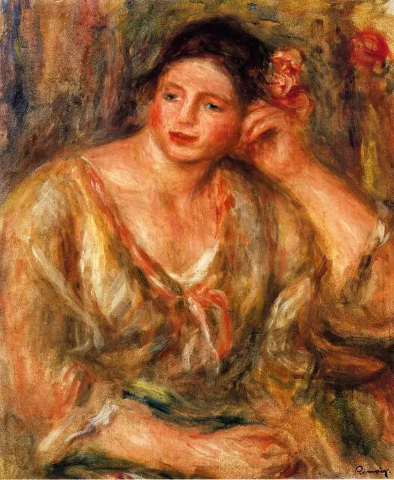 Madeleine nojaamassa kyynärpäähänsä kukat hiuksissaan - Pierre-Auguste Renoir