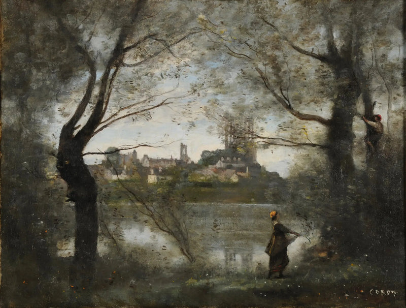 Mantes, katedraali ja kaupunki puiden läpi katsottuna, ilta - Jean-Baptiste Camille Corot