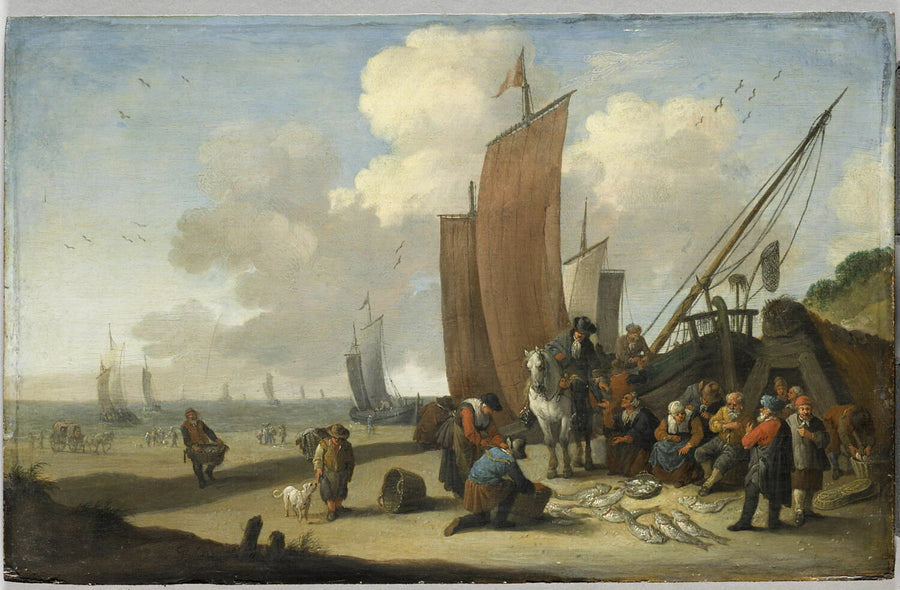 Marchands de poissons sur une plage - Pieter Bout