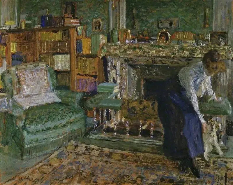 Marguerite Chapin hänen asunnossaan koiransa kanssa - Édouard Vuillard