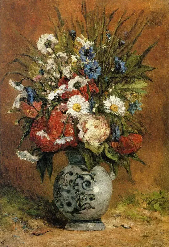 Margareetit ja pionit sinisessä maljakossa - Paul Gauguin