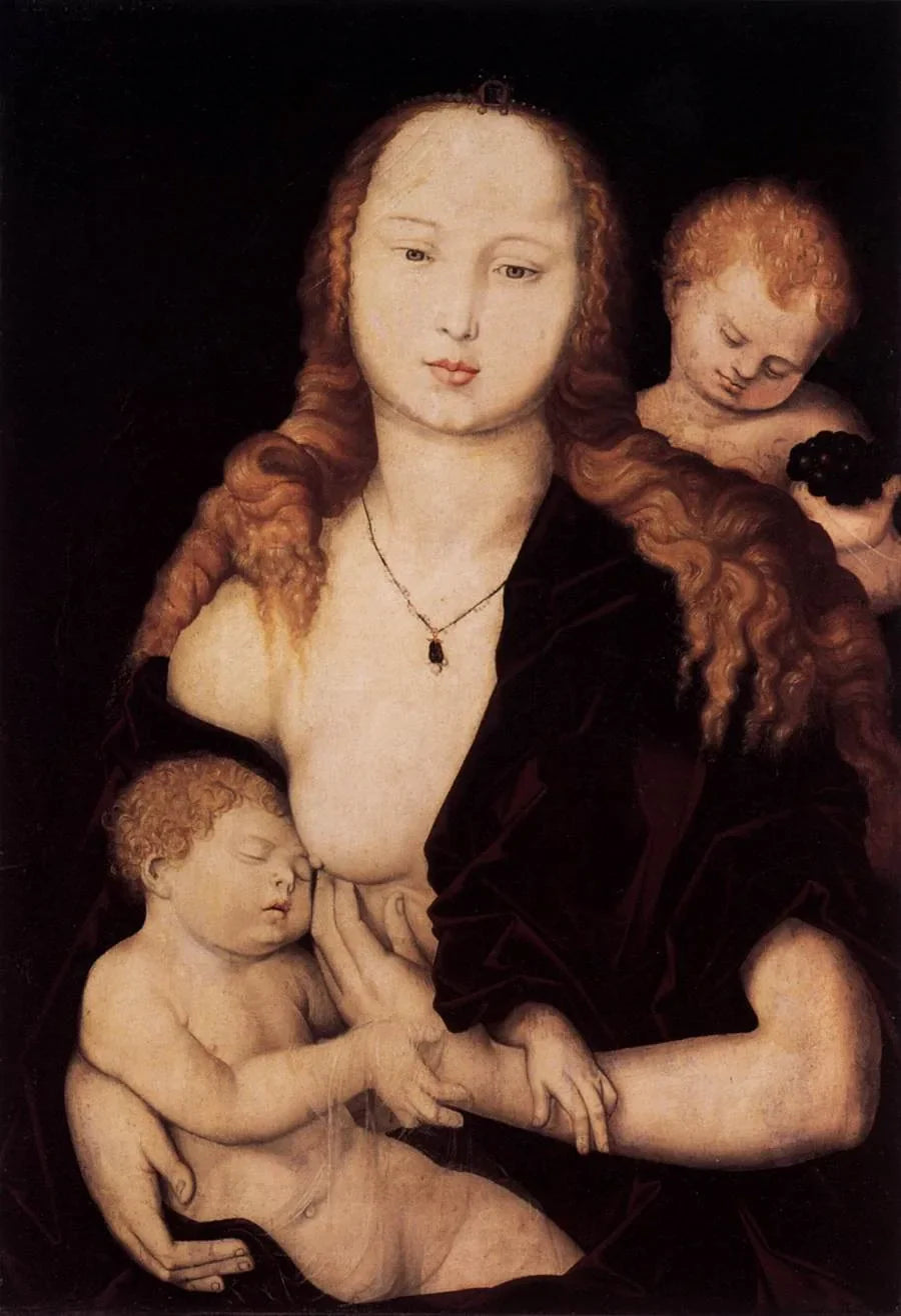 Marie lapsen Jeesuksen ja enkelin kanssa - Hans Baldung Grien
