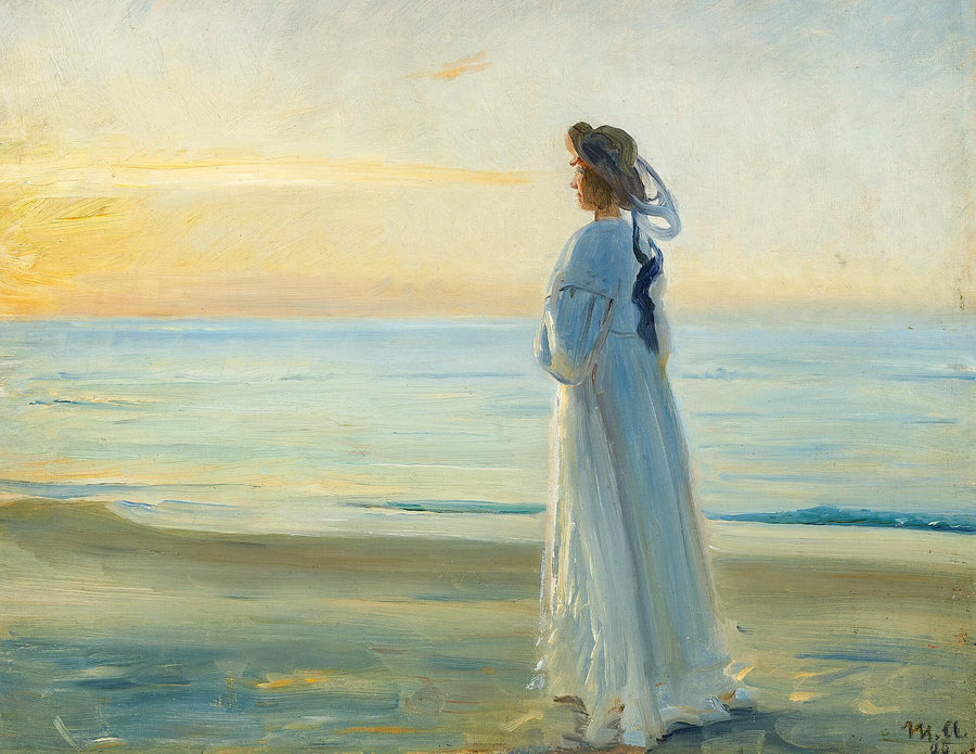 Marie Dinesen kävelemässä Skagen Nordstrandissa. -Michael Peter Ancher