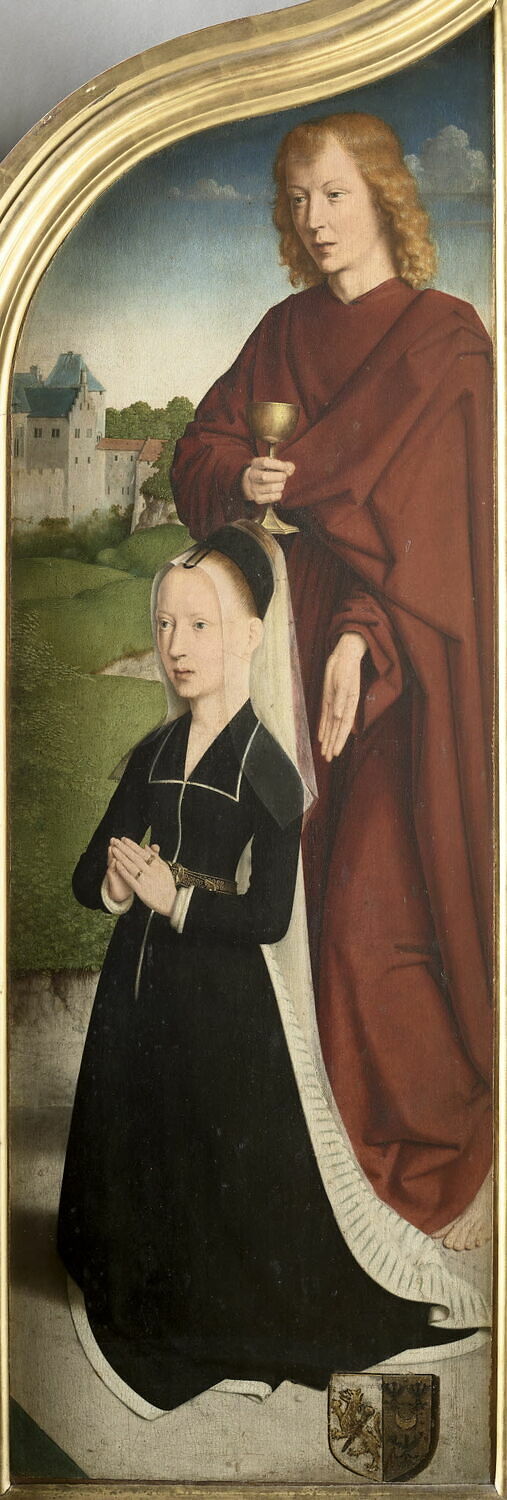 Marie, vaimo Jean de Sedano'sta, rukoilemassa pyhän Johanneksen Evankelista kanssa; ulkoseinä: Eeva, alasti - Gérard David