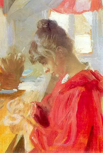 Marie istuu pöydän ääressä ompelemassa - Peder Severin Krøyer