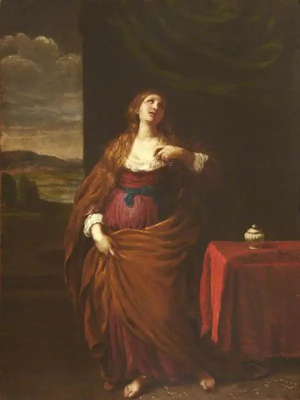 Marie-Madeleine seisoo koko pituudeltaan katsellen laajaa maisemaa taustalla - Guido Reni
