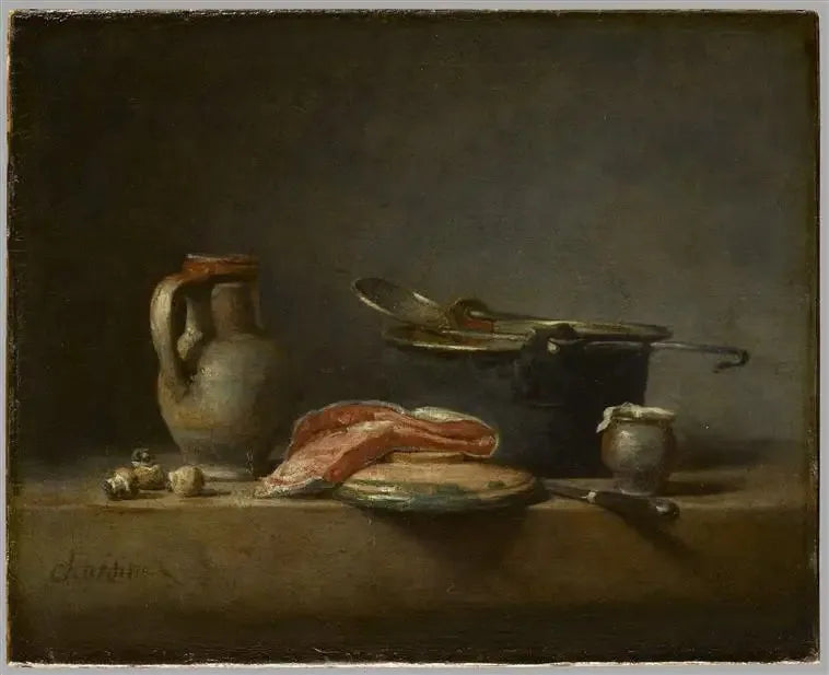 Kuparinen marmite, siivilä, kannu ja lohifilee - Jean Siméon Chardin