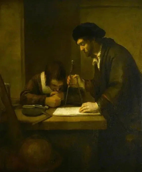 Matemaatikko, oppinut, jolla on jakajia ja viivain, istuu pöydässä toimistossaan oppilaan avustamana - Rembrandt