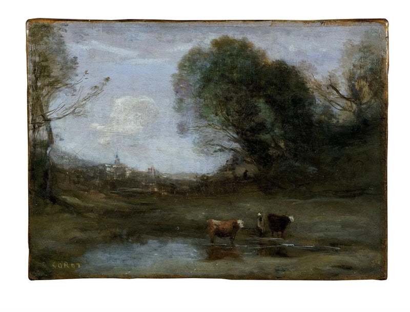 Matin: Maisema kahdella lehmällä ja siluetti - Jean-Baptiste Camille Corot