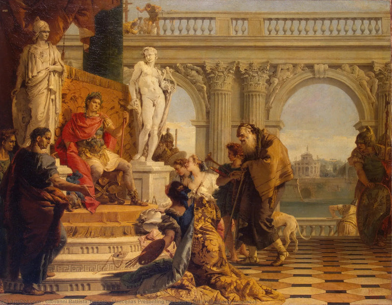 Mécène esittelee vapaataiteet keisarille Augustukselle - Giovanni Battista Tiepolo