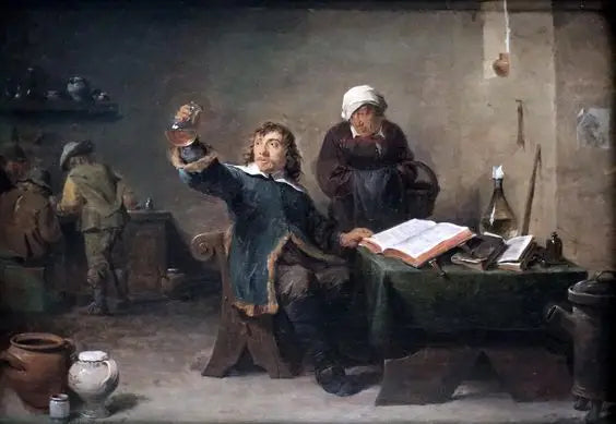 Kylän lääkäri tutkii virtsanäytettä - David Teniers nuorempi