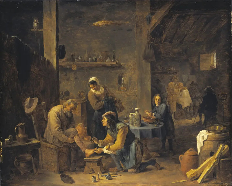 Kylän lääkäri vierailee potilaan luona - David Teniers nuorempi
