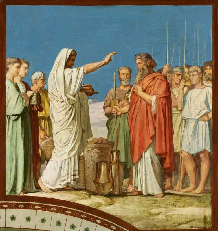 Melkisedek tarjoaa leipää ja viiniä, siunaa Abrahamia: malli Saint-Germain-des-Présin vasemman laivakattauksen freskille, Pariisi, 1859 (Melkisedek siunaa Abrahamia ja tarjoaa leipää ja viiniä) - Hippolyte Flandrin