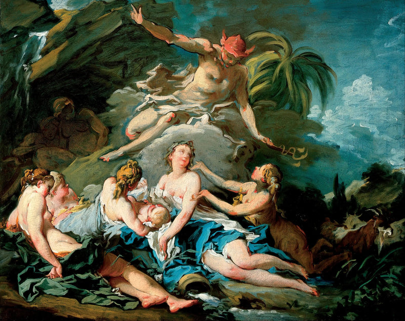 Luottavainen Merkurius lapsen Bacchuksen ja Nysan naiasten kanssa - François Boucher