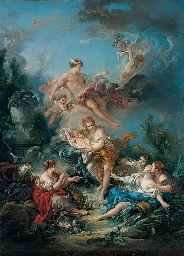 Luottavainen Merkurius lapsen Bacchuksen ja Nysan naiasten kanssa - François Boucher