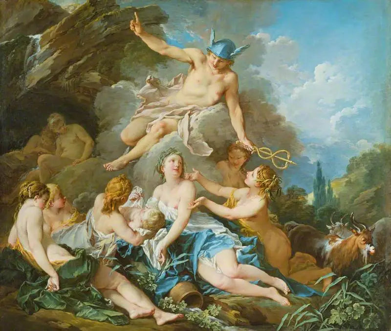 Luottavainen Merkurius lapsen Bacchuksen ja naïfien kanssa - François Boucher