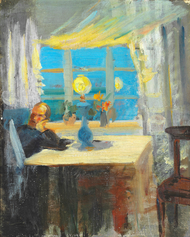 Michael Ancher lukee sanomalehteä. -Anna Ancher