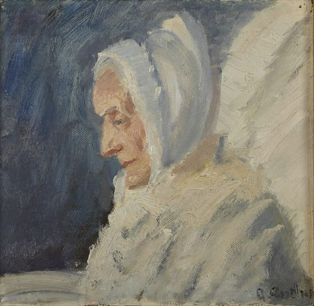 Rouva Brendum valkoisiin pukeutuneena. -Anna Ancher