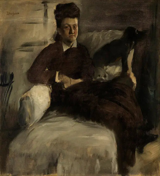 Rouva Jeantaud pitkällä tuolillaan kahden koiran kanssa - Edgar Degas