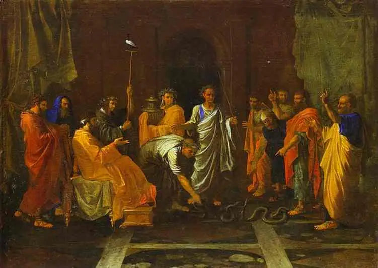 Moïse muuttaa sauvansa Aaronin käärmeeksi - Nicolas Poussin